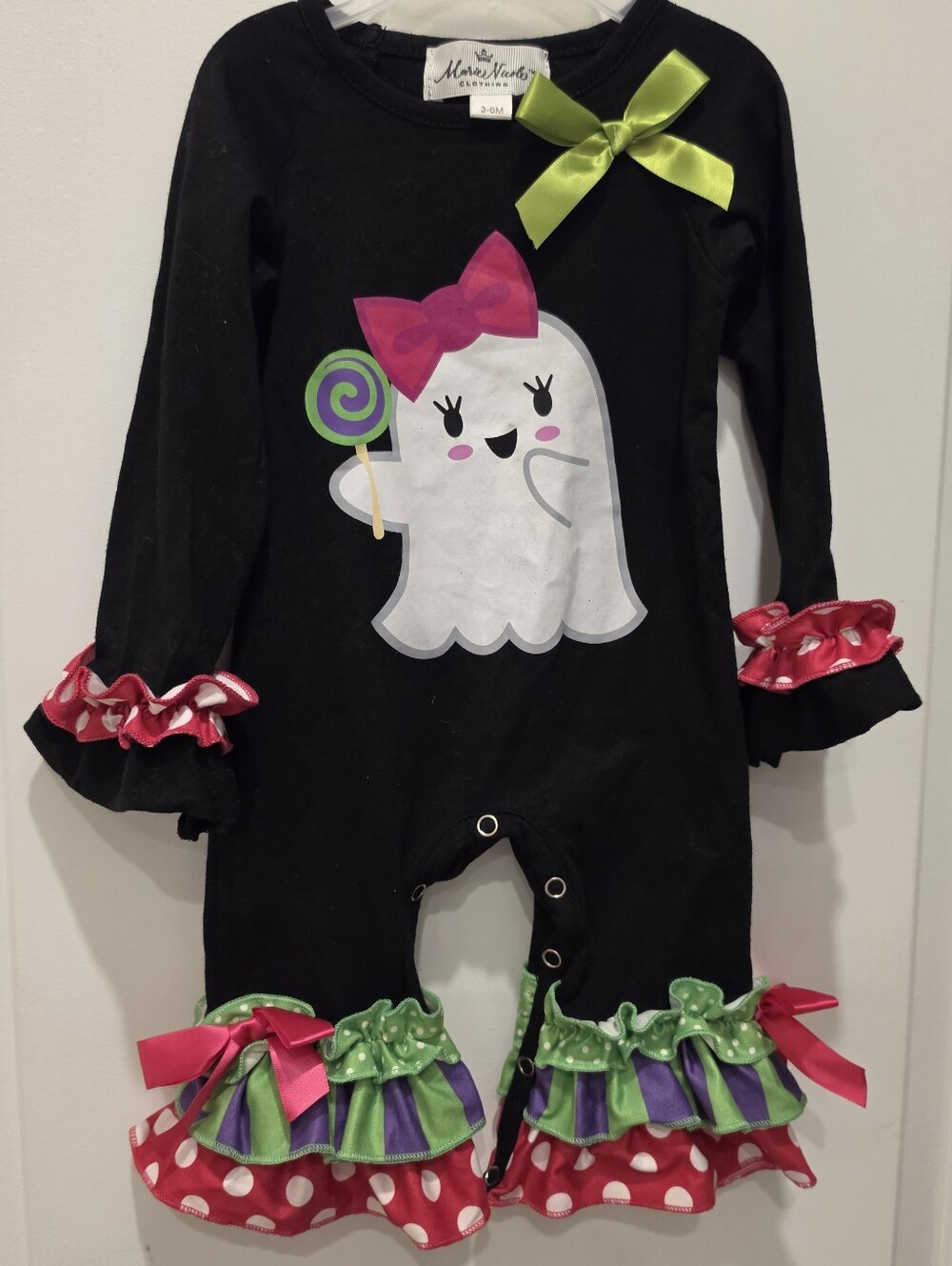 Marie Nicole Halloween Ghost Appliqued Long Romper 3-6 Months